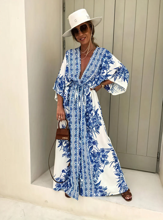 Robe Maxi Florale Bohème - Coupe Fluide, Manches Kimono, Ceinture-Dresses-Marais Paris-Marais Paris
