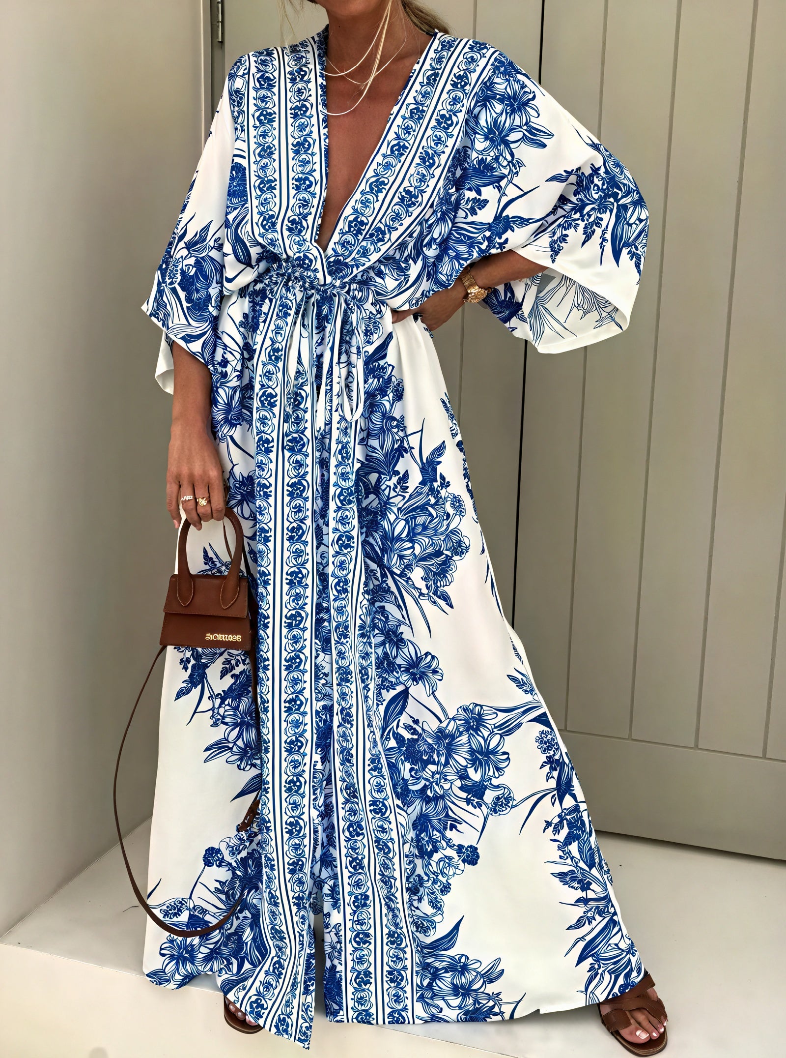 Robe Maxi Florale Bohème - Coupe Fluide, Manches Kimono, Ceinture-Dresses-Marais Paris-Marais Paris