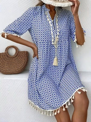 Robe Courte Femme – Motif Géométrique Bleu Blanc, Détails Pompons, Légère-82531-9b2d16bb-890c-4664-806d-4f264a4f0b89