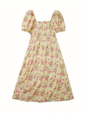 Robe Fleurie Femme Col Carré Manches Bouffantes Fente Haute Nœud Poitrine Romantique Été-82654-b9d4b94b-1c89-4514-810b-85cf61dab06e