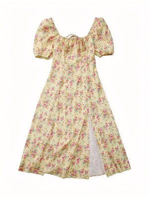 Robe Fleurie Femme Col Carré Manches Bouffantes Fente Haute Nœud Poitrine Romantique Été-82654-65e016b2-4a0f-4946-b0d0-1235ca1d23b3