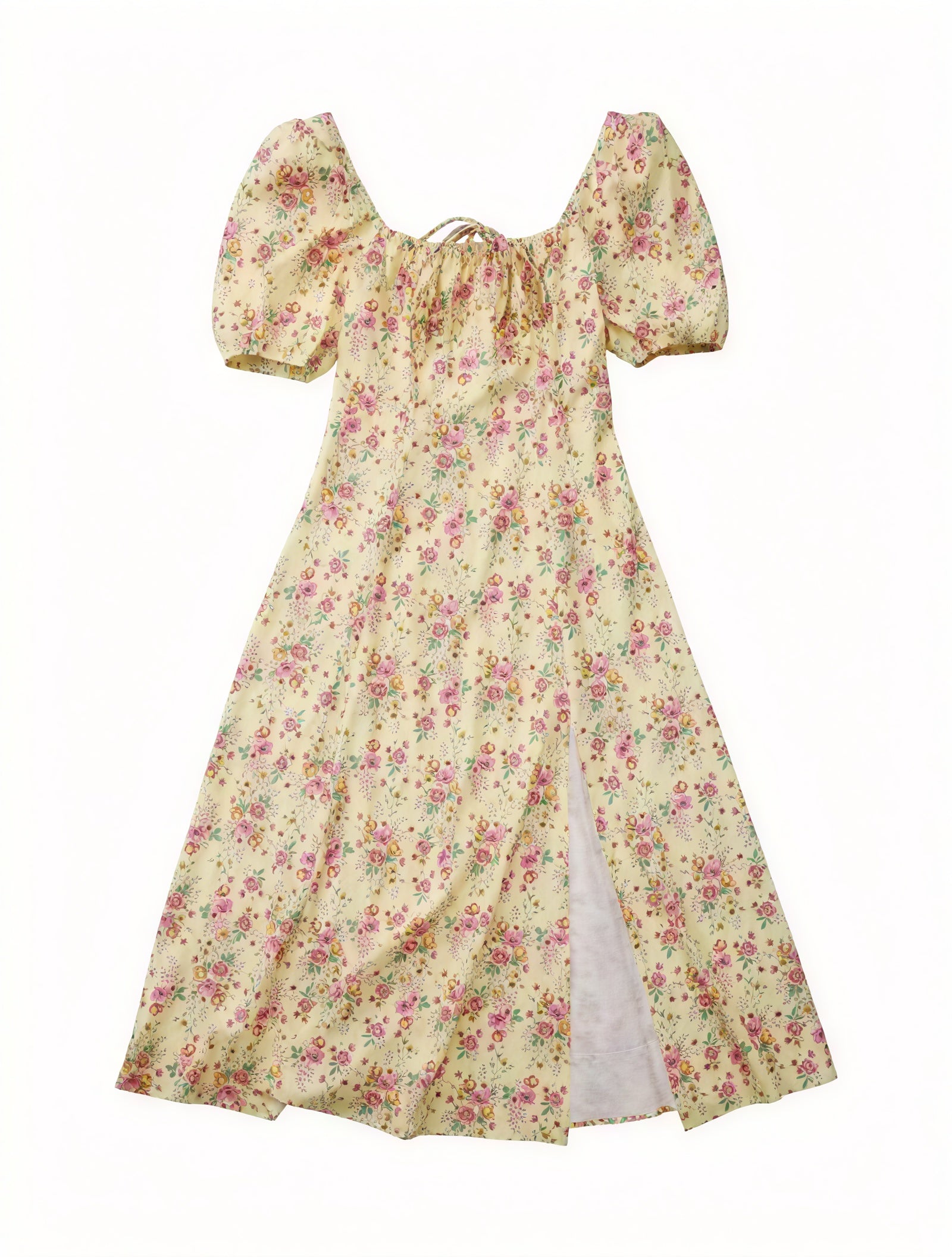 Robe Fleurie Femme Col Carré Manches Bouffantes Fente Haute Nœud Poitrine Romantique Été-82654-65e016b2-4a0f-4946-b0d0-1235ca1d23b3