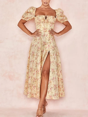 Robe Fleurie Femme Col Carré Manches Bouffantes Fente Haute Nœud Poitrine Romantique Été-82654-06e283b0-bbe6-4bdd-a4cf-929cae42846e