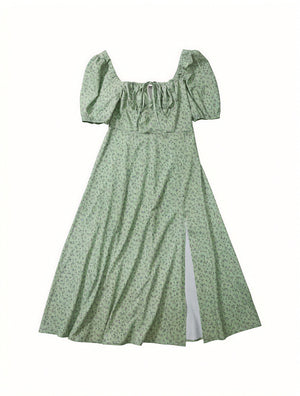 Robe Fleurie Femme Col Carré Manches Bouffantes Fente Haute Nœud Poitrine Romantique Été-82654-52f05232-dbe1-4558-aa21-57dcdd4a198c