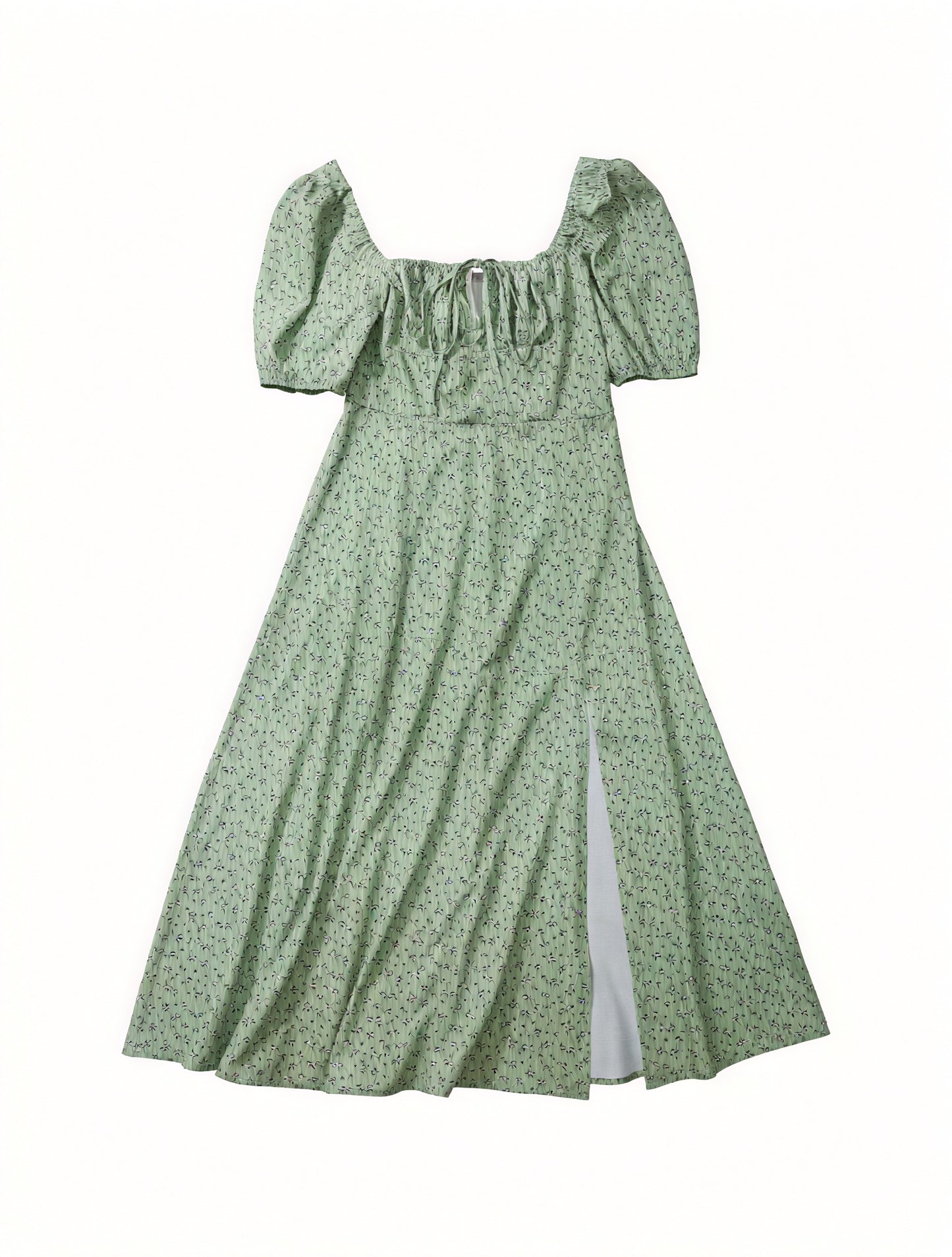 Robe Fleurie Femme Col Carré Manches Bouffantes Fente Haute Nœud Poitrine Romantique Été-82654-52f05232-dbe1-4558-aa21-57dcdd4a198c