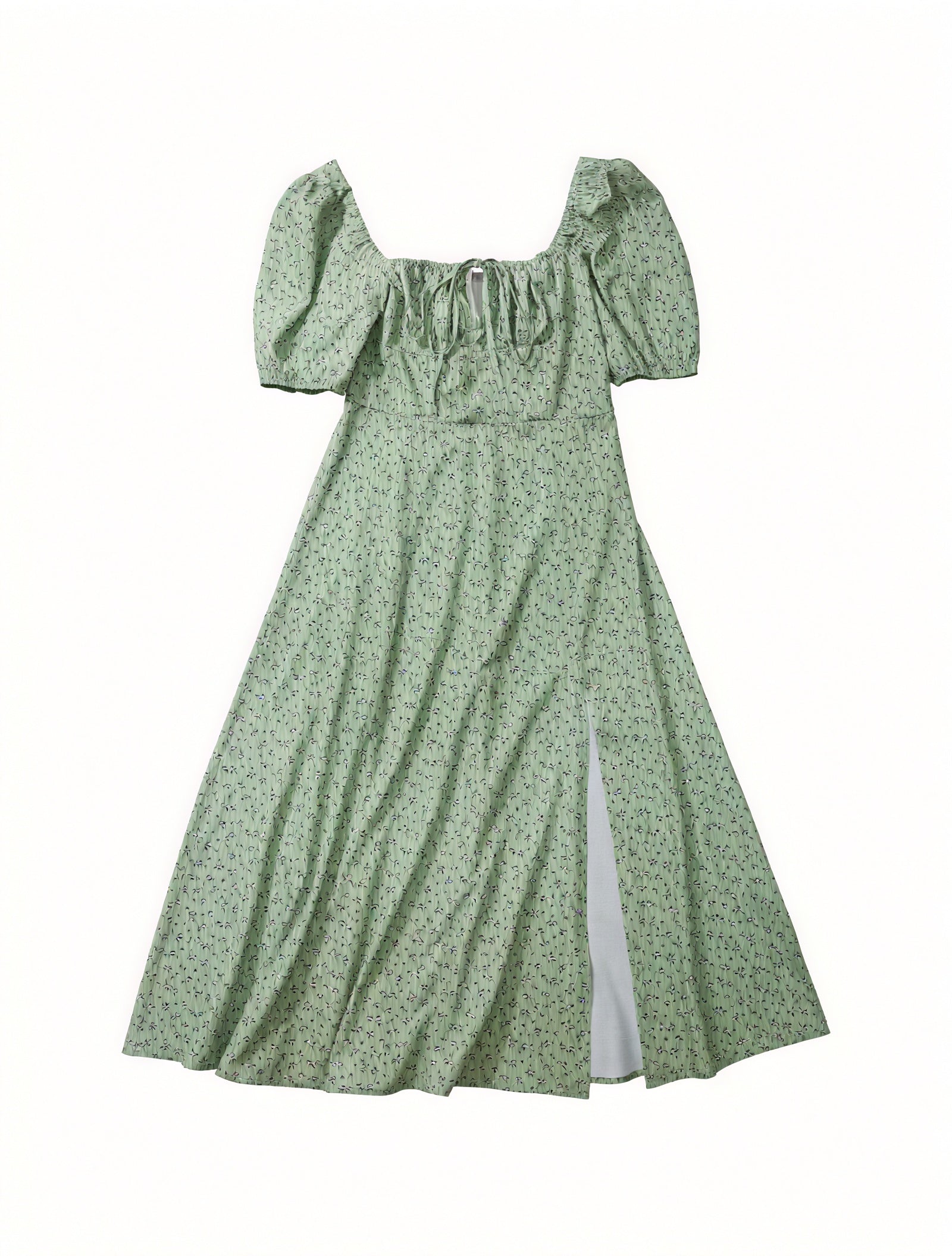 Robe Fleurie Femme Col Carré Manches Bouffantes Fente Haute Nœud Poitrine Romantique Été-82654-52f05232-dbe1-4558-aa21-57dcdd4a198c