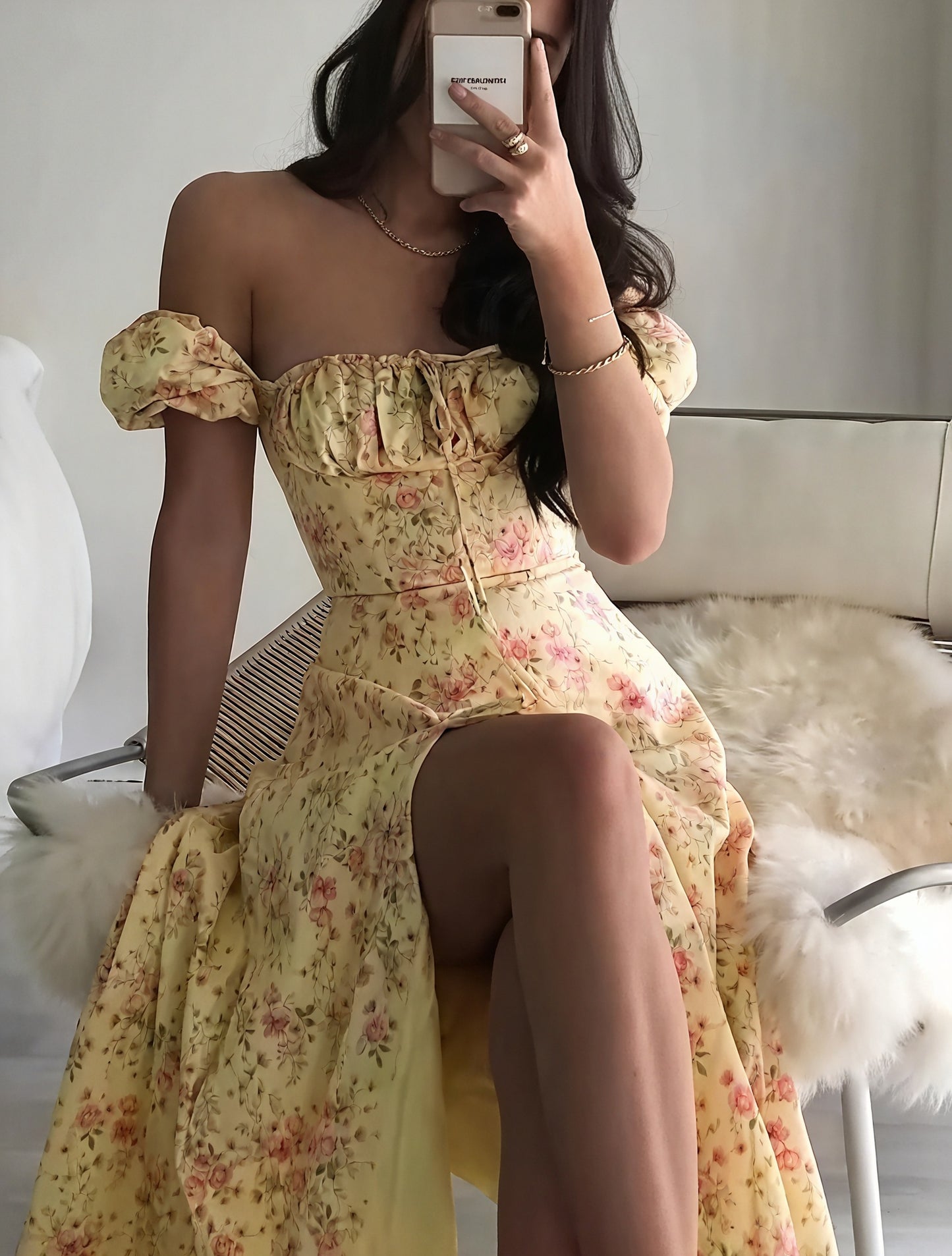 Robe Fleurie Femme Col Carré Manches Bouffantes Fente Haute Nœud Poitrine Romantique Été-82654-20c49eb6-f973-4fa7-99fe-8dd297965023
