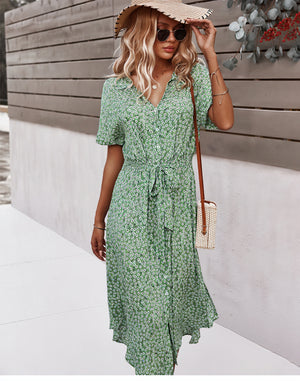 Robe Midi Florale - Boutonnée, Ceinture à Nouer, Été-Dresses-Marais Paris-Vert-S-Marais Paris