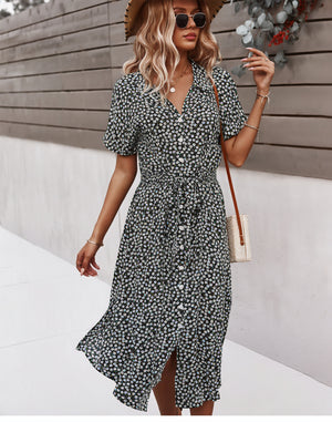 Robe Midi Florale - Boutonnée, Ceinture à Nouer, Été-Dresses-Marais Paris-Marais Paris
