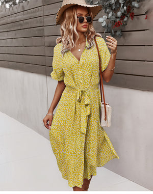 Robe Midi Florale - Boutonnée, Ceinture à Nouer, Été-Dresses-Marais Paris-Marais Paris