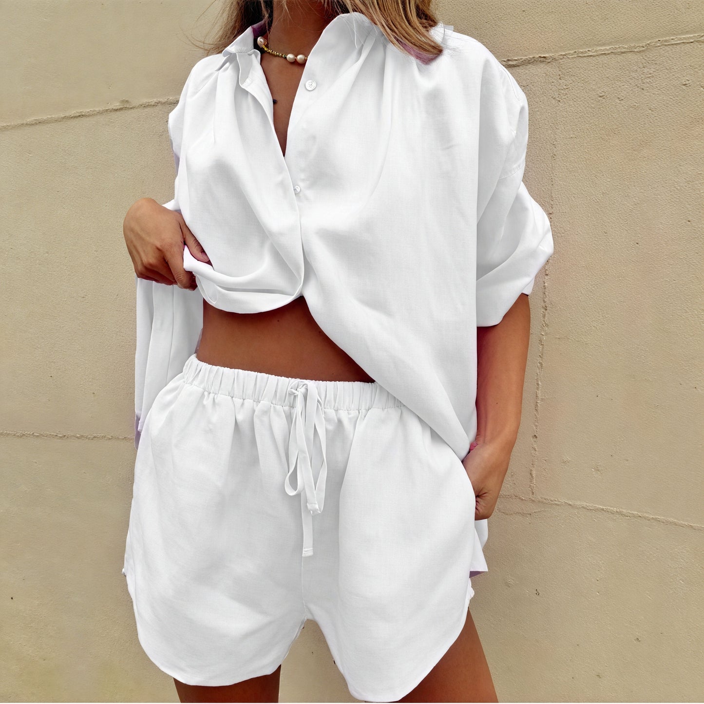 Ensemble Deux Pièces Décontracté Chemise et Short Taille Élastique-Marais Paris-Blanc-S-Marais Paris