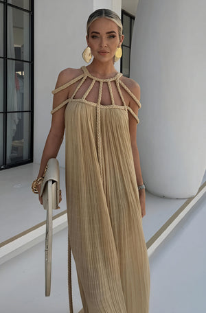 Robe Maxi Fluide Détails Halter Élégance Bohème Chic-Marais Paris-Beige-S-Marais Paris