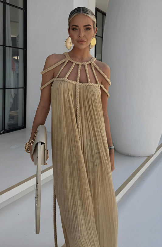 Robe Maxi Fluide Détails Halter Élégance Bohème Chic-Marais Paris-Beige-S-Marais Paris