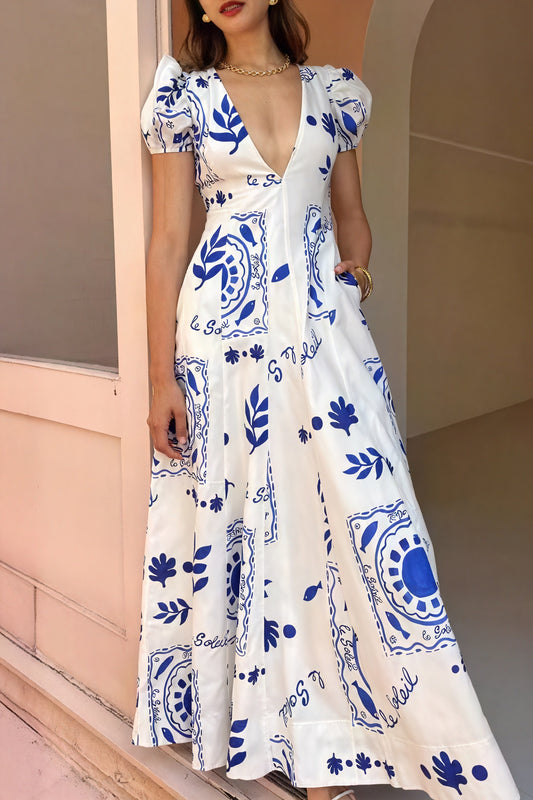 Robe Midi Imprimée Bohème Chic Encolure V Manches Bouffantes-Dresses/Short Sleeve Dress-Marais Paris-Blanc Bleu-S-Marais Paris