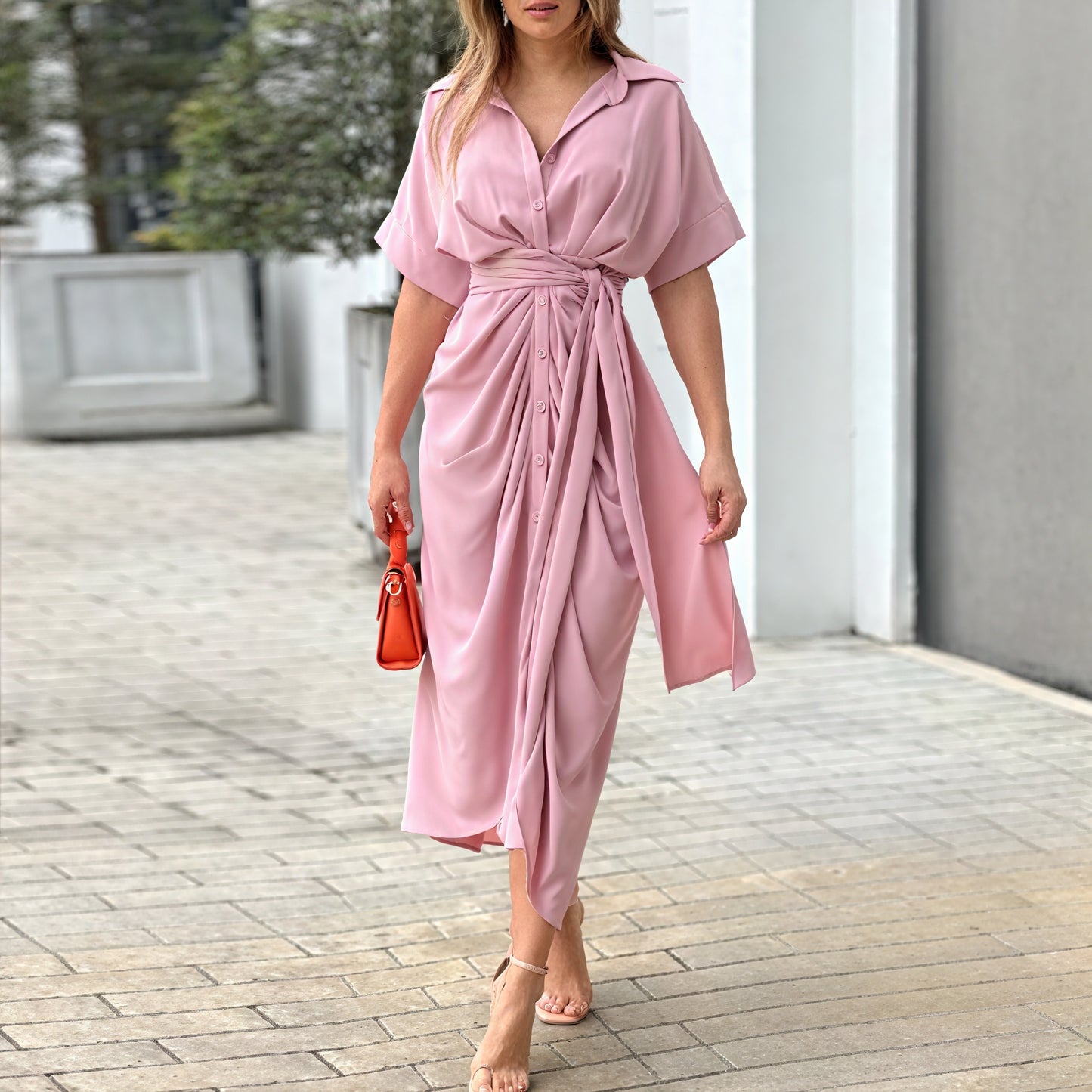 Robe Chemise Fluide Ceinture Détails Soignés-Marais Paris-Rose-S-Marais Paris