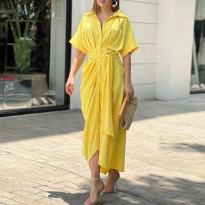 Robe Chemise Fluide Ceinture Détails Soignés-Marais Paris-Jaune-S-Marais Paris