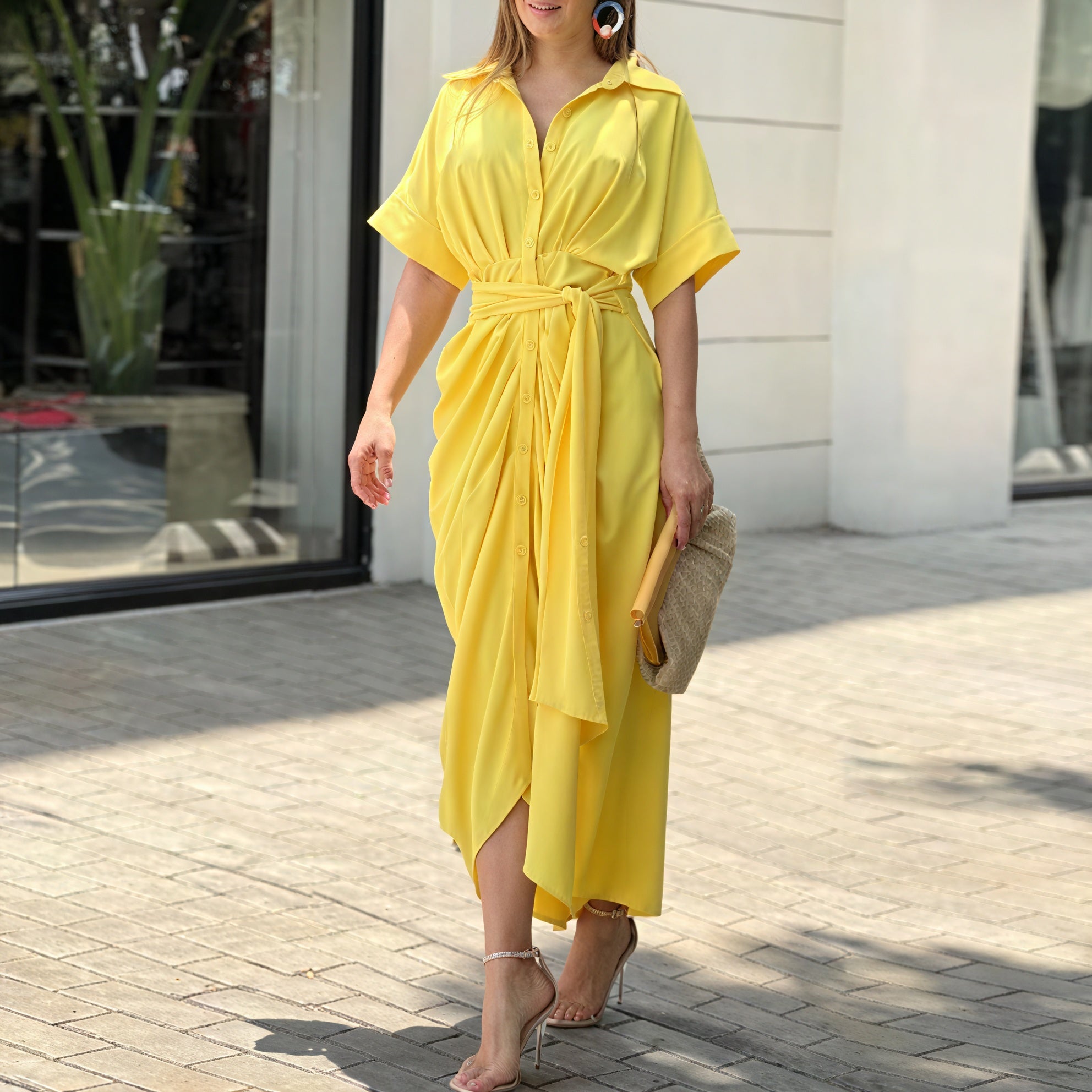 Robe Chemise Fluide Ceinture Détails Soignés-Marais Paris-Jaune-S-Marais Paris