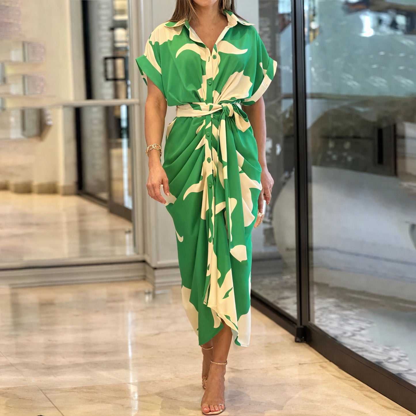 Robe Chemise Fluide Ceinture Détails Soignés-Marais Paris-Vert-S-Marais Paris