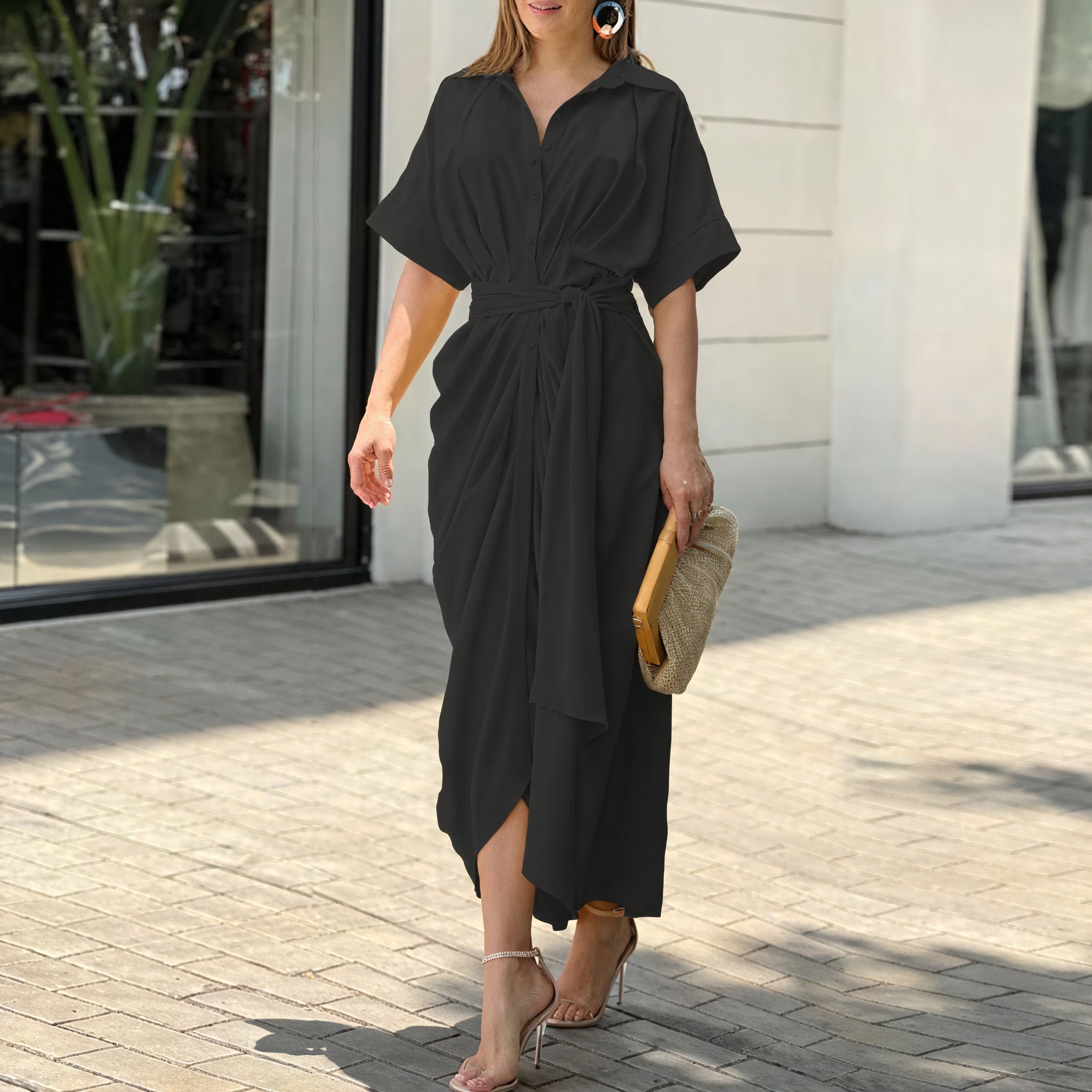 Robe Chemise Fluide Ceinture Détails Soignés-Marais Paris-Noir-S-Marais Paris