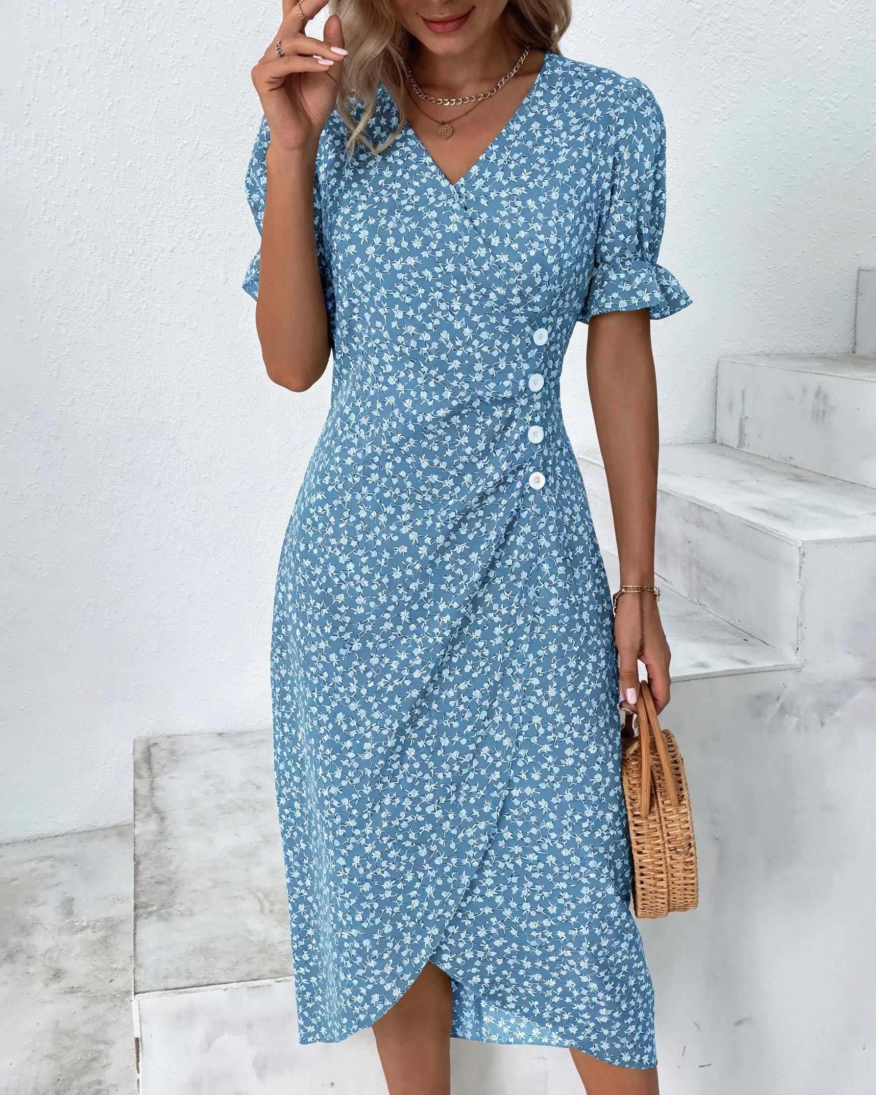 Robe Midi Florale Enveloppante - Style Bohème Chic-Marais Paris-Bleu-XS-Marais Paris