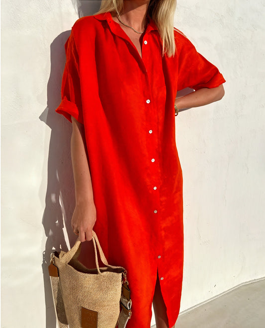 Robe Chemise Coupe Fluide Manches Courtes Boutonnée-Marais Paris-Rouge-S-Marais Paris
