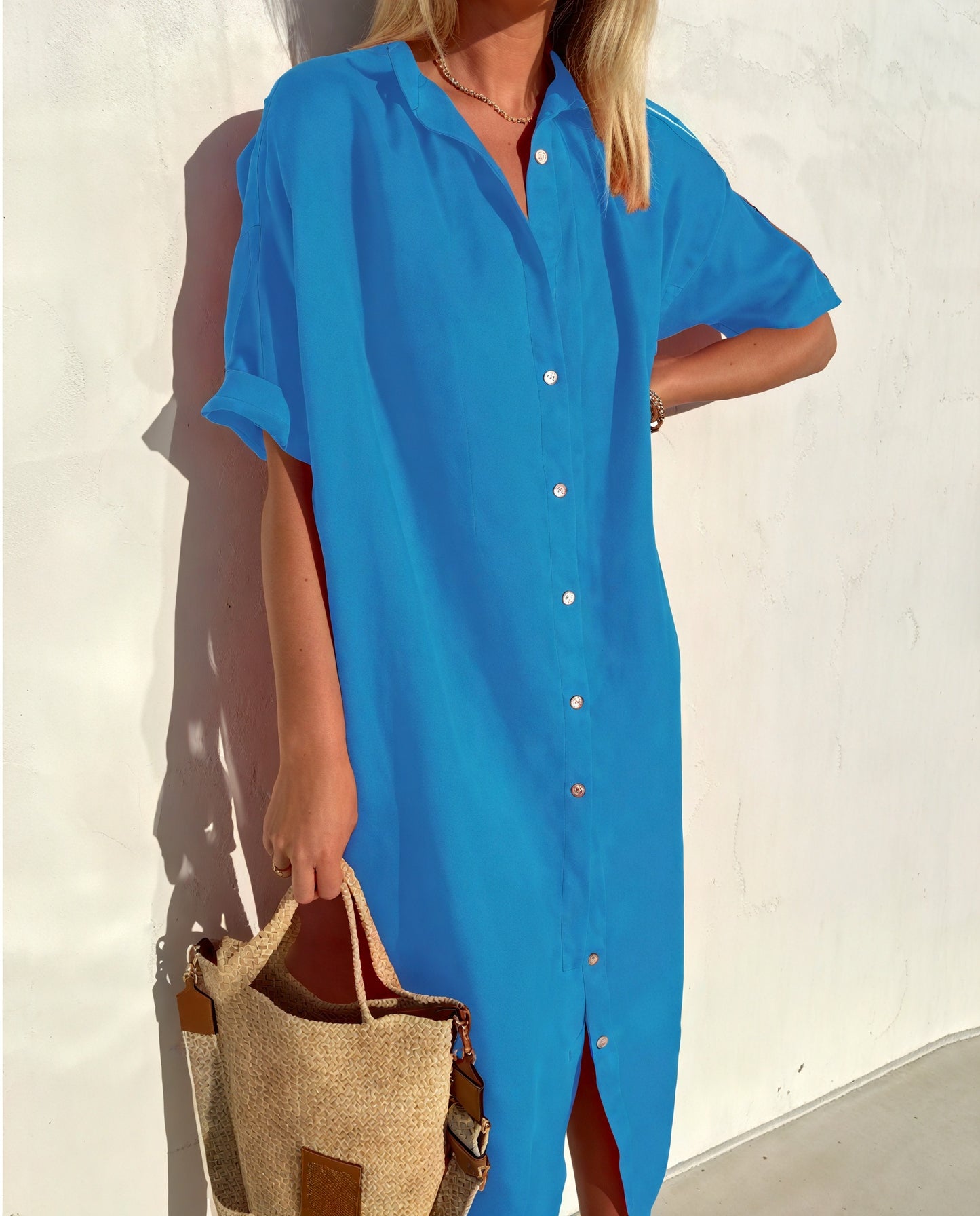 Robe Chemise Coupe Fluide Manches Courtes Boutonnée-Marais Paris-Bleu-S-Marais Paris