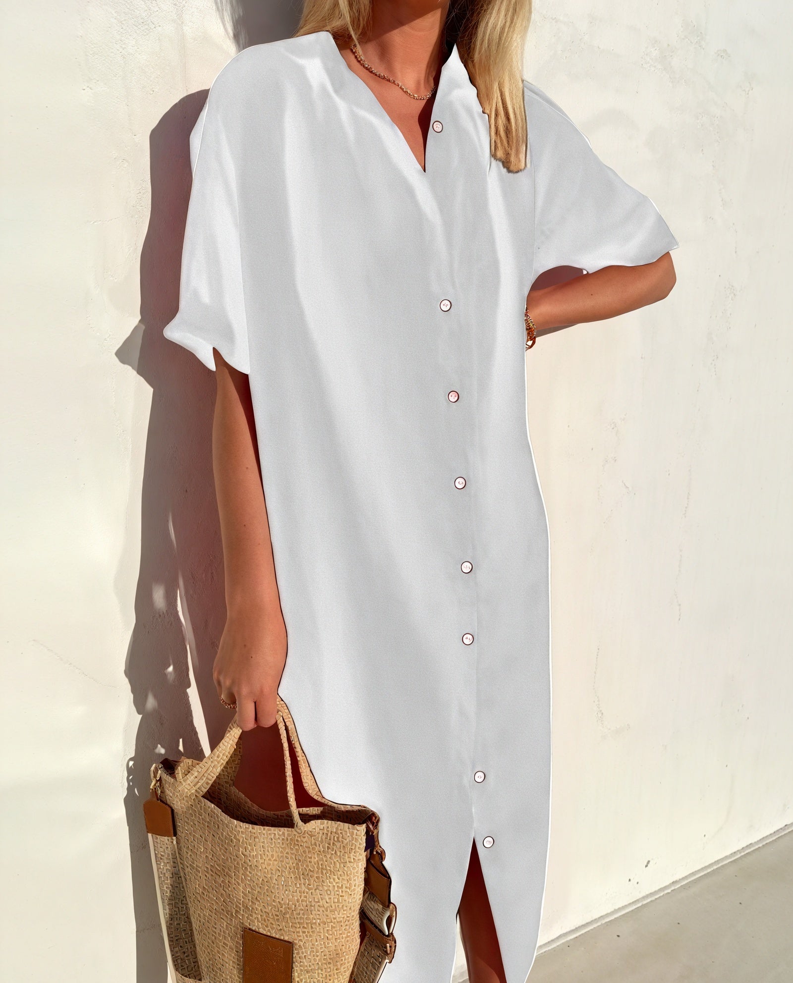 Robe Chemise Coupe Fluide Manches Courtes Boutonnée-Marais Paris-Blanc-S-Marais Paris