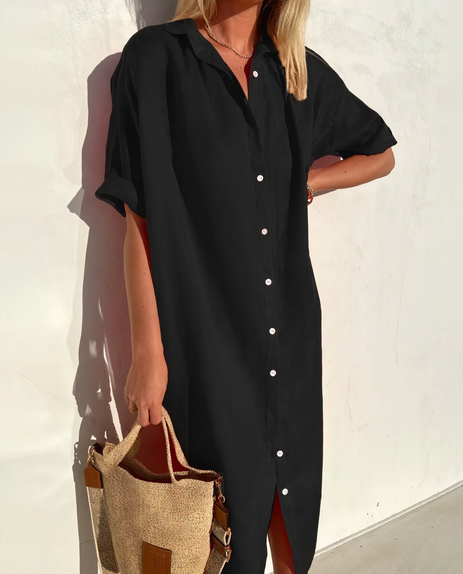 Robe Chemise Coupe Fluide Manches Courtes Boutonnée-Marais Paris-Noir-S-Marais Paris