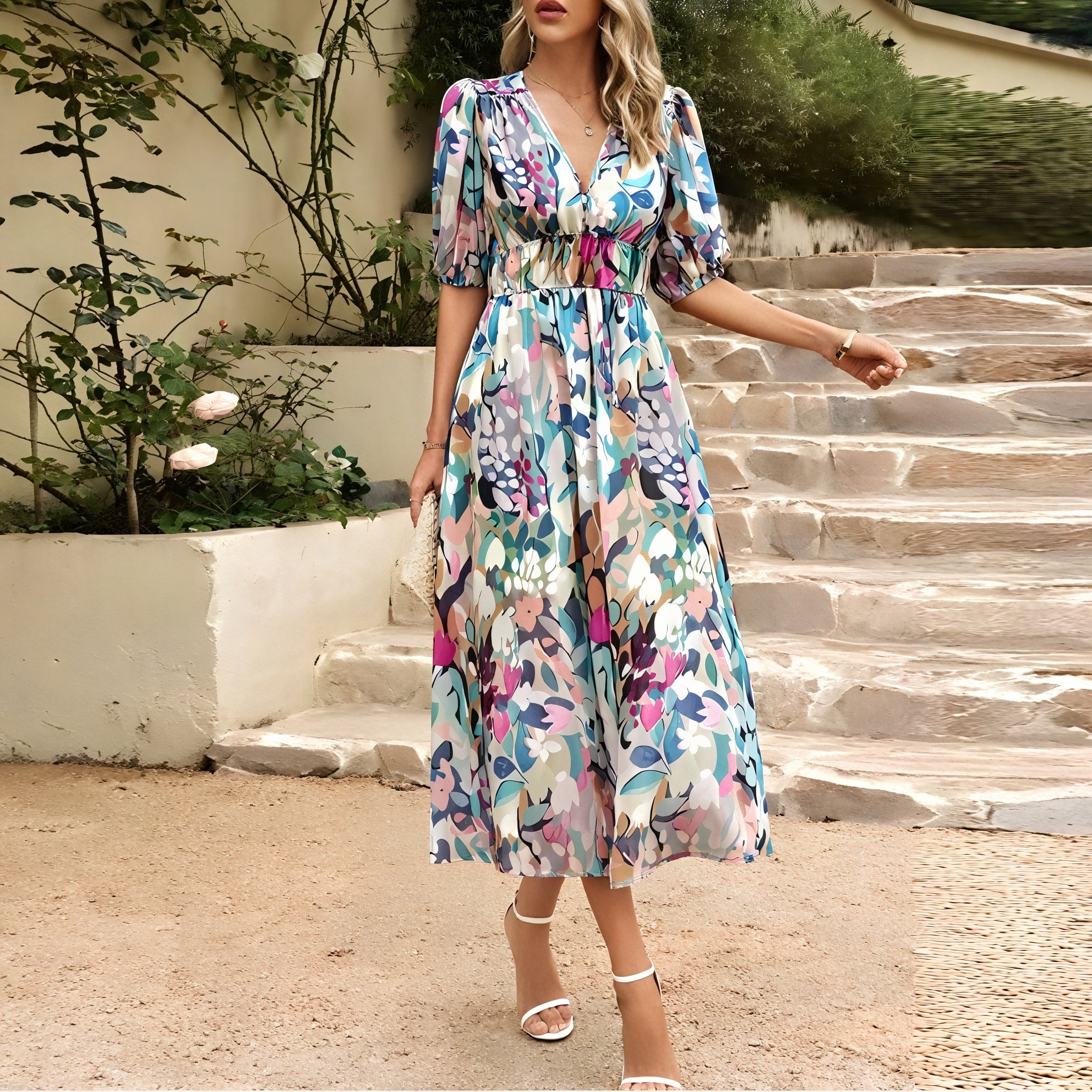 Robe Midi Imprimé Floral Col V Manches Bouffantes-Marais Paris-Vert-S-Marais Paris