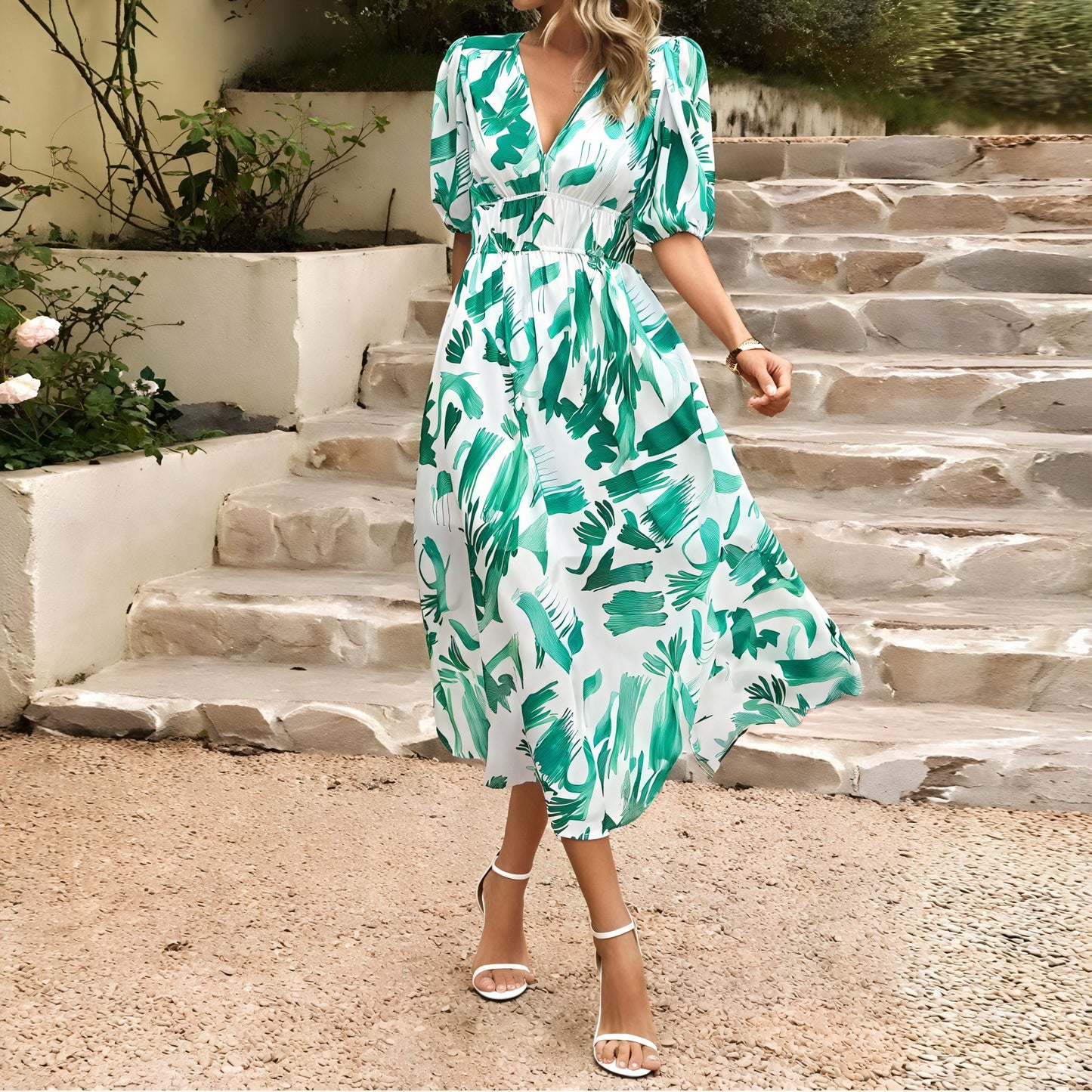 Robe Midi Imprimé Floral Col V Manches Bouffantes-Marais Paris-Vert Clair-S-Marais Paris