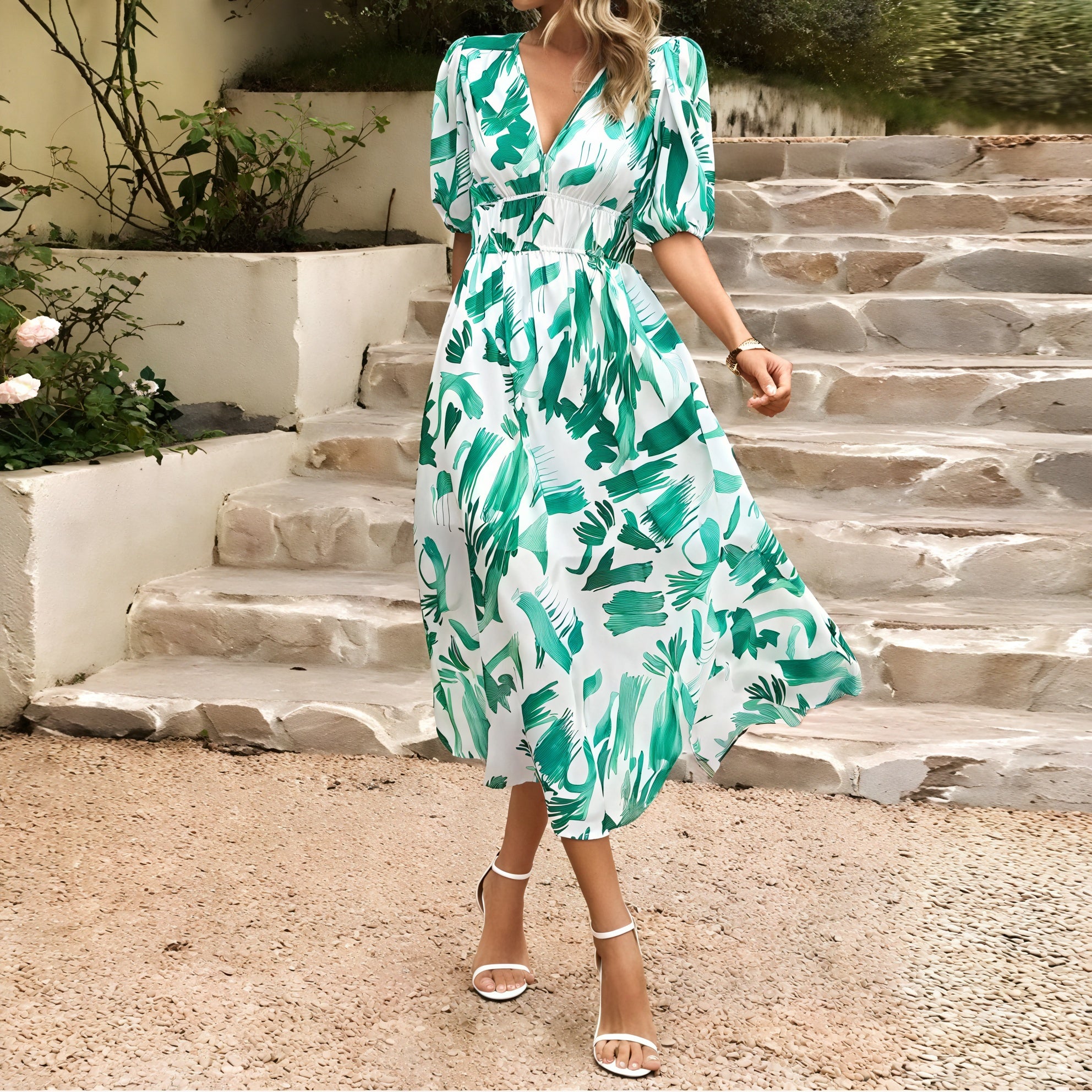 Robe Midi Imprimé Floral Col V Manches Bouffantes-Marais Paris-Vert Clair-S-Marais Paris