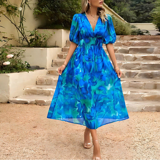 Robe Midi Imprimé Floral Col V Manches Bouffantes-Marais Paris-Bleu-S-Marais Paris