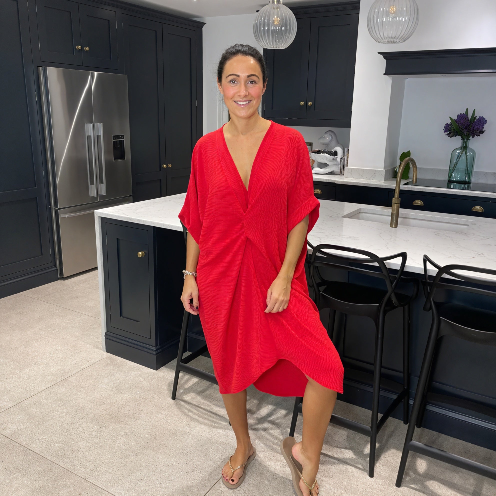 Robe Midi Détail Nœud Torsadé Manches Courtes-Belle Rose Fashion-Bellerose Fashion