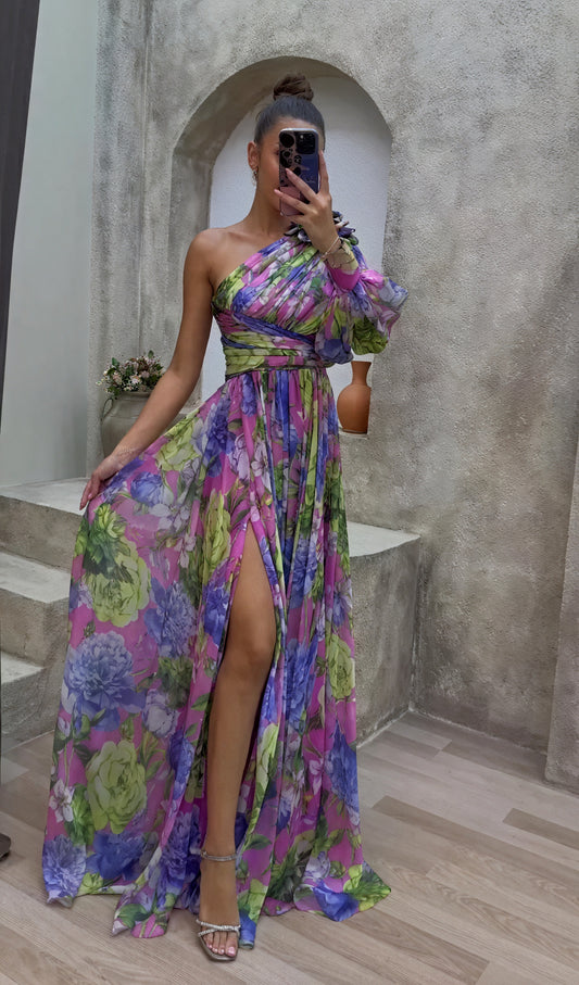Robe Longue Asymétrique Imprimé Floral, Manche Volumineuse, Fente Haute-Marais Paris-Violet-S-Marais Paris