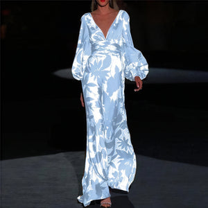 Robe Longue Florale Décolleté V Manches Volumineuses-Marais Paris-Bleu-S-Marais Paris