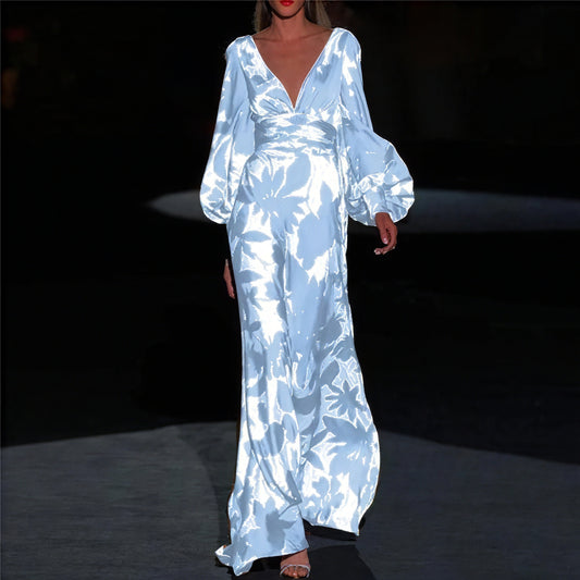 Robe Longue Florale Décolleté V Manches Volumineuses-Marais Paris-Bleu-S-Marais Paris