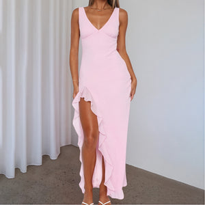 Robe Maxi Fluide Décolleté en V Fente Haute Volants-Marais Paris-Rose-XS-Marais Paris