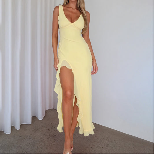 Robe Maxi Fluide Décolleté en V Fente Haute Volants-Marais Paris-Jaune-XS-Marais Paris