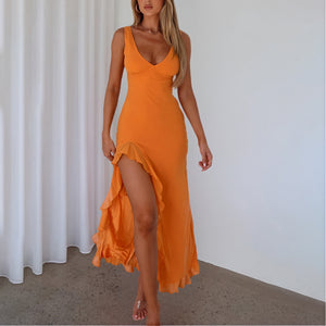 Robe Maxi Fluide Décolleté en V Fente Haute Volants-Marais Paris-Orange-XS-Marais Paris