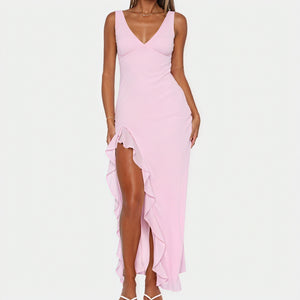 Robe Maxi Fluide Décolleté en V Fente Haute Volants-Marais Paris-Marais Paris