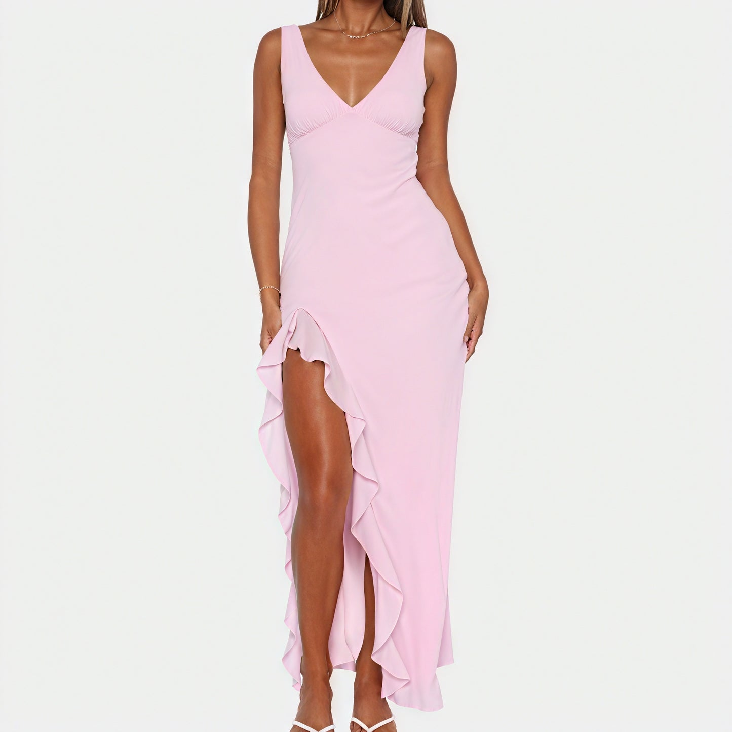 Robe Maxi Fluide Décolleté en V Fente Haute Volants-Marais Paris-Marais Paris