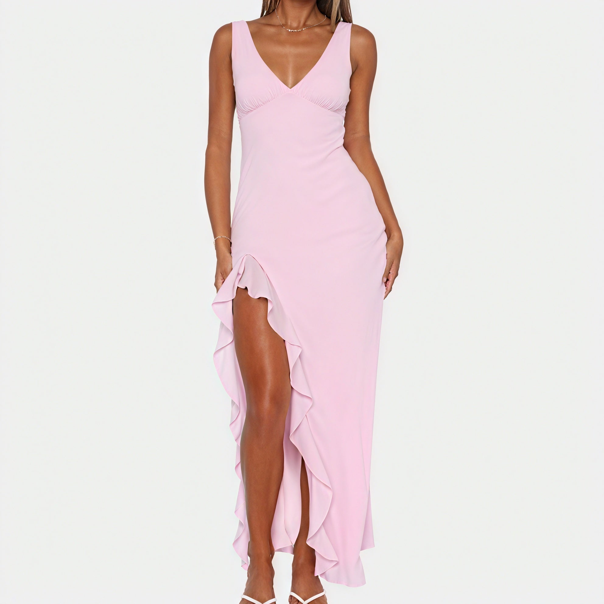 Robe Maxi Fluide Décolleté en V Fente Haute Volants-Marais Paris-Marais Paris