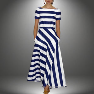 Robe Midi Rayée Élégante Coupe Trapèze Poches-Marais Paris-Bleu-S-Marais Paris