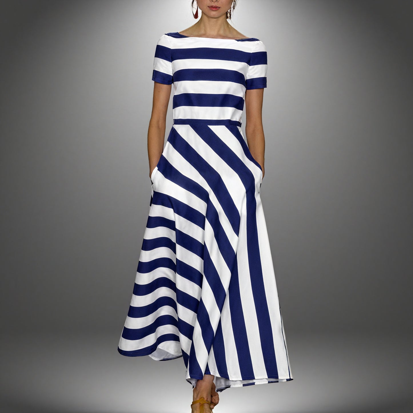 Robe Midi Rayée Élégante Coupe Trapèze Poches-Marais Paris-Bleu-S-Marais Paris