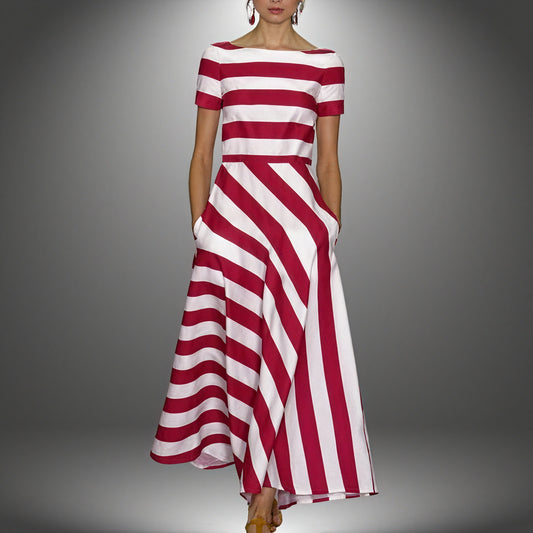 Robe Midi Rayée Élégante Coupe Trapèze Poches-Marais Paris-Rose-S-Marais Paris