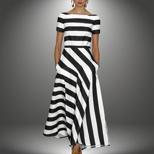 Robe Midi Rayée Élégante Coupe Trapèze Poches-Marais Paris-Noir-S-Marais Paris
