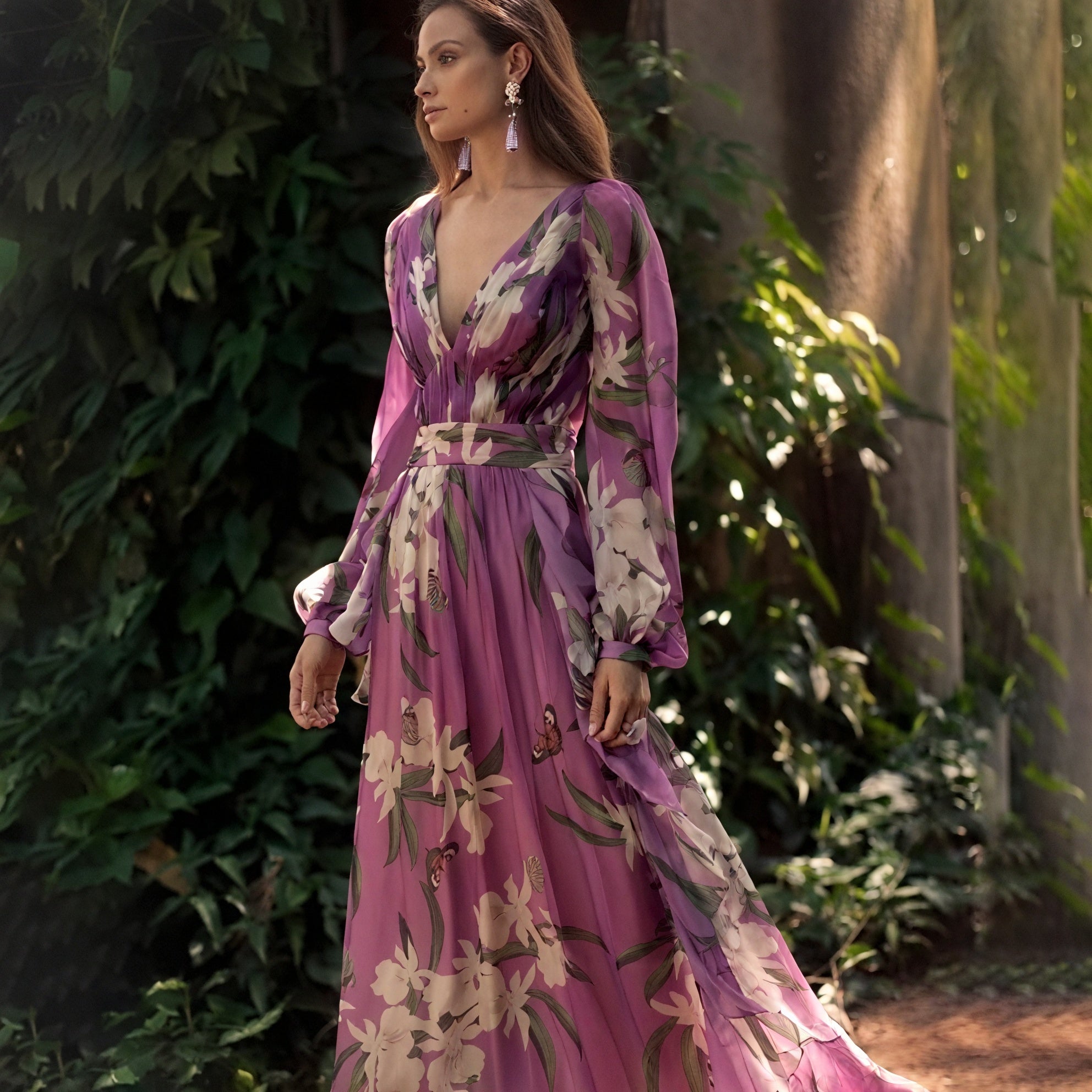 Robe Longue Imprimé Floral, Manches Longues, Coupe Fluide, Ceinture Assortie-Marais Paris-Violet-XS-Marais Paris