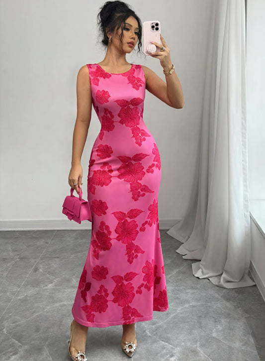 Robe Longue Imprimé Floral Coupe Ajustée Sans Manches-Marais Paris-Rose-S-Marais Paris