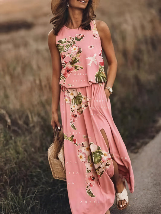 Robe longue sans manches à fente latérale et poches, motif floral/rayé unique – Confort élégant pour l'été-Marais Paris-Rose-S-Marais Paris