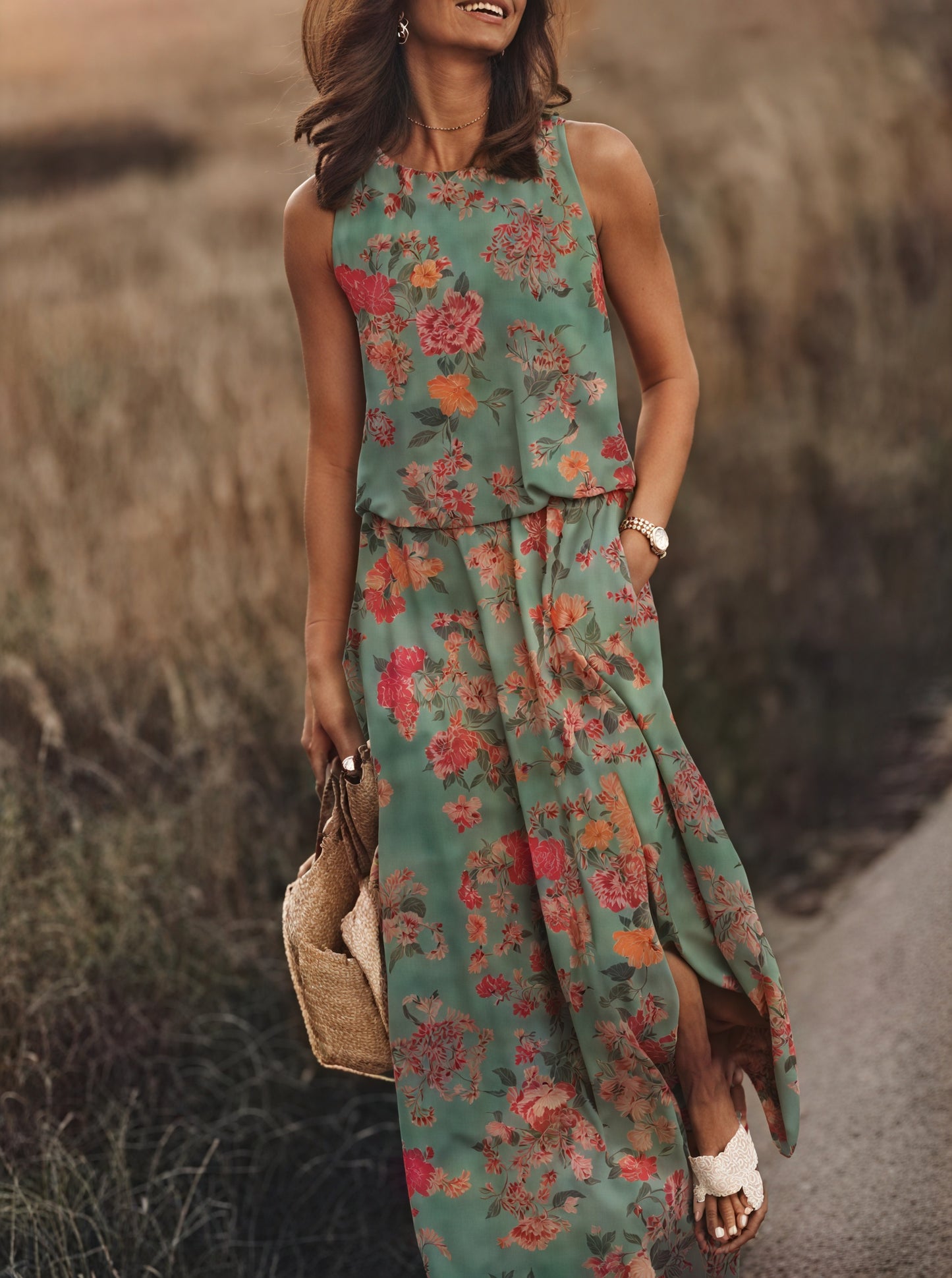 Robe longue sans manches à fente latérale et poches, motif floral/rayé unique – Confort élégant pour l'été-Marais Paris-Marais Paris